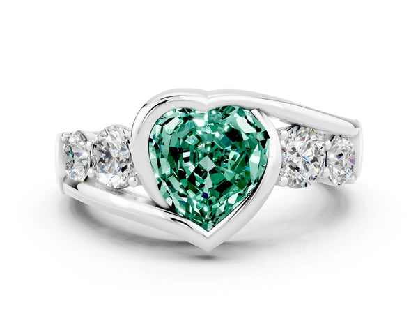 Silver Bezel Set Heart Cut Green Sapphire Bypass Ring with Round  Accents