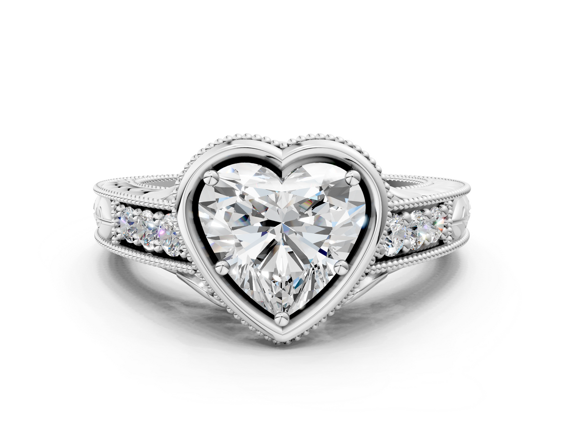 White gold Bezel Set Heart Diamond Milgrain Pave Engagement Ring_38