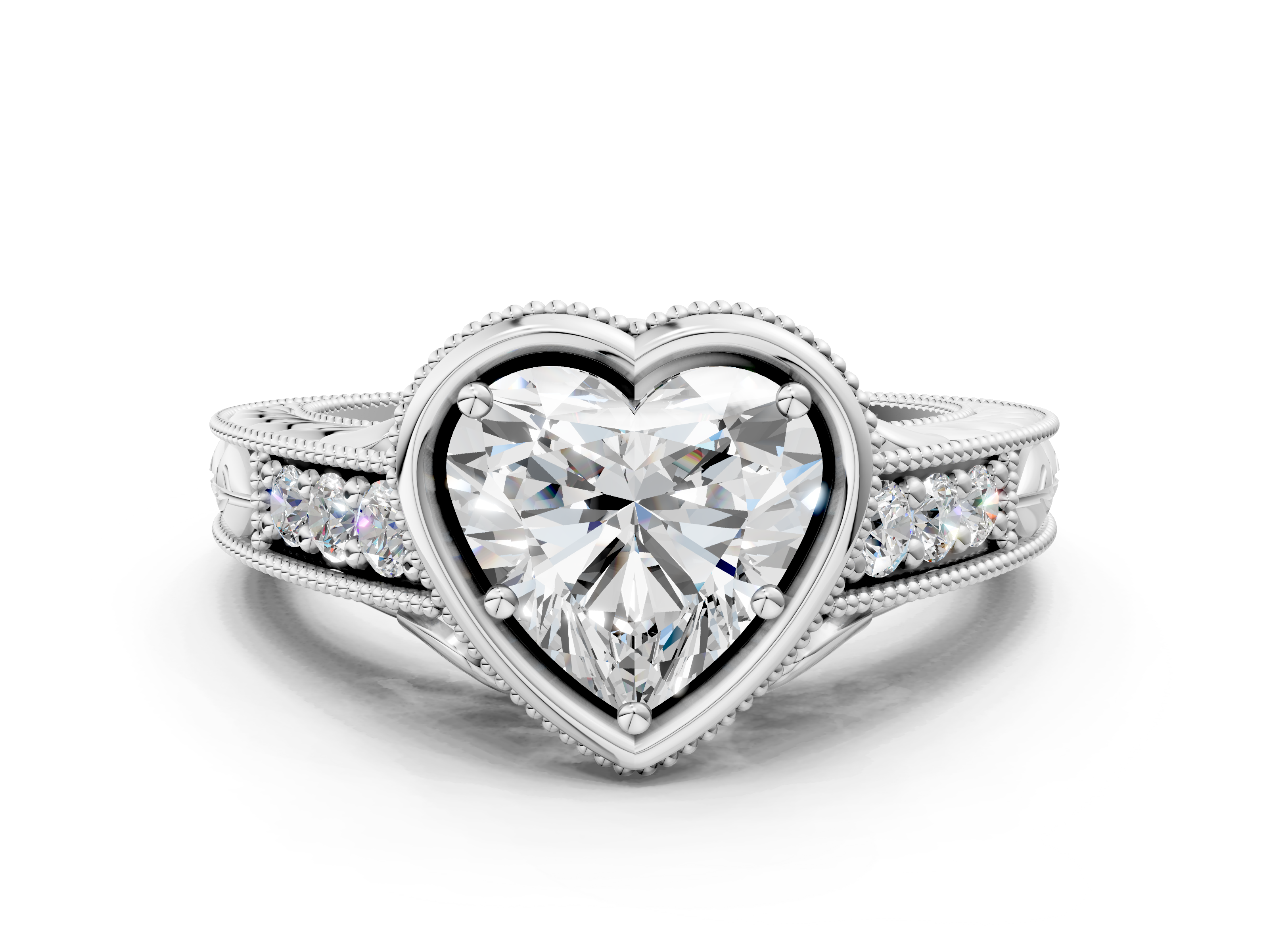 White gold Bezel Set Heart Diamond Milgrain Pave Engagement Ring