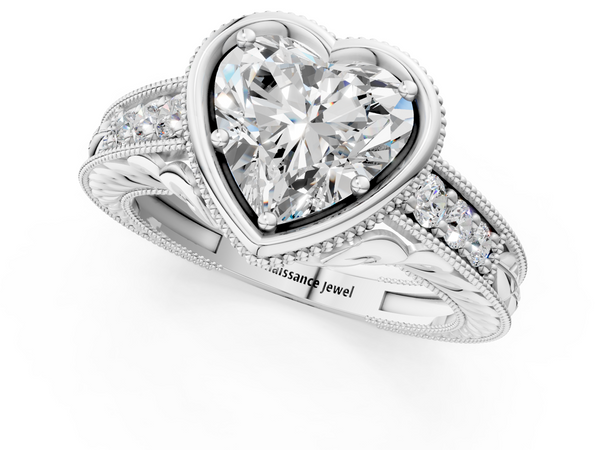 White gold Bezel Set Heart Diamond Milgrain Pave Engagement Ring