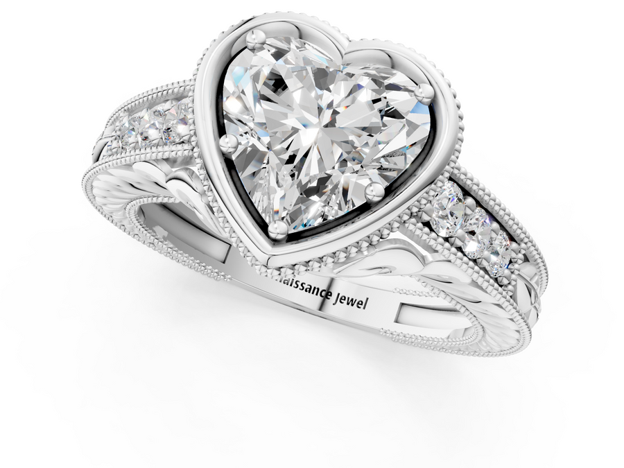 White gold Bezel Set Heart Diamond Milgrain Pave Engagement Ring