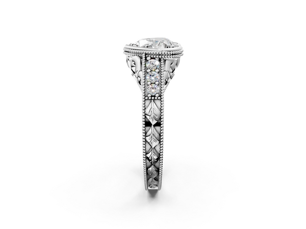 White gold Bezel Set Heart Diamond Milgrain Pave Engagement Ring