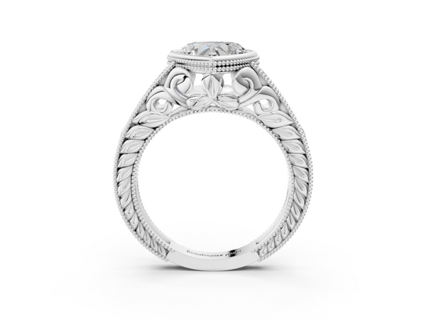 White gold Bezel Set Heart Diamond Milgrain Pave Engagement Ring