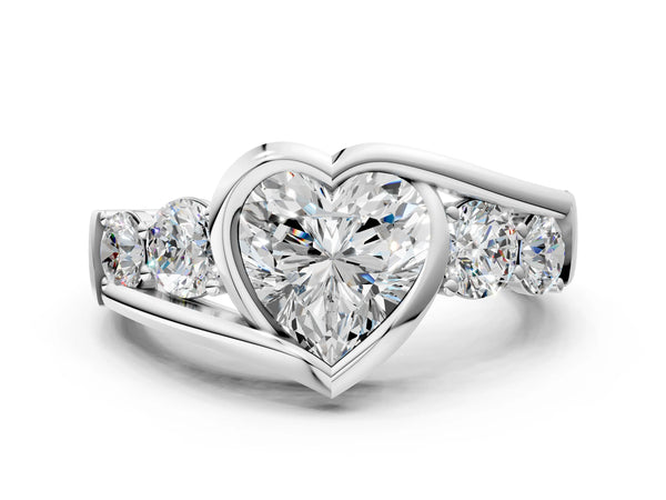 White Gold Heart-Shaped Bezel Bypass Engagement Ring Setting with Round Side Accents
