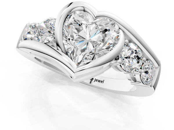 White Gold Heart-Shaped Bezel Bypass Engagement Ring Setting with Round Side Accents