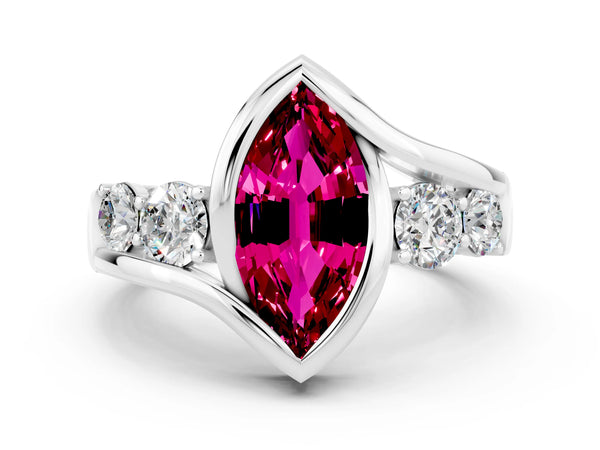 Platinum Bezel Set Marquise Cut Garnet Bypass Ring with Round  Accents