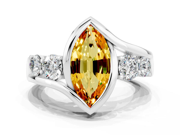 Platinum Bezel Set Marquise Cut Citrine Bypass Ring with Round  Accents