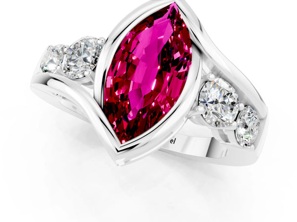 Platinum Bezel Set Marquise Cut Garnet Bypass Ring with Round  Accents
