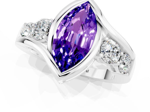 Silver Bezel Set Marquise Cut Tanzanite Bypass Ring with Round  Accents