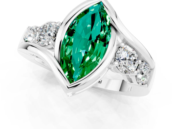 Platinum Bezel Set Marquise Cut Emerald Bypass Ring with Round  Accents