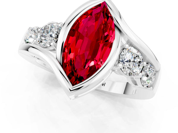 White gold Bezel Set Marquise Cut Ruby Bypass Ring with Round  Accents
