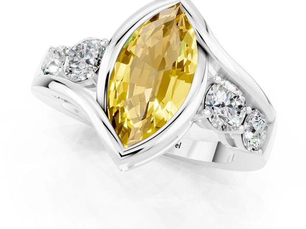 Platinum Bezel Set Marquise Cut Yellow Sapphire Bypass Ring with Round  Accents