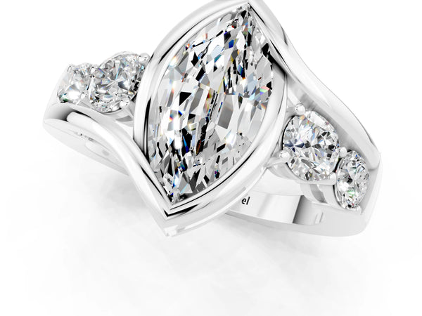 Silver Bezel Set Marquise Cut Moissanite Bypass Ring with Round  Accents