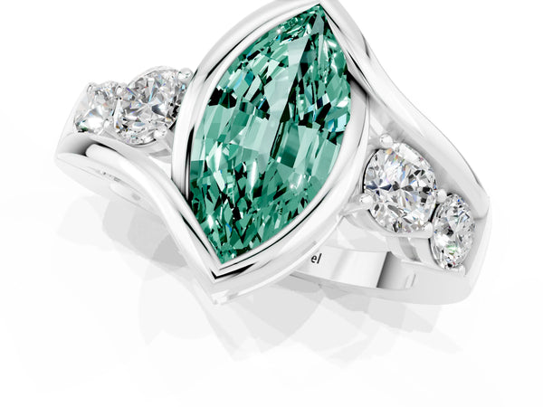 Silver Bezel Set Marquise Cut Green Sapphire Bypass Ring with Round  Accents