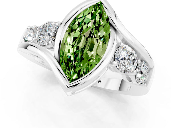 Platinum Bezel Set Marquise Cut Peridot Bypass Ring with Round  Accents