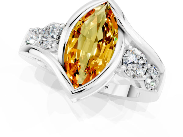 White gold Bezel Set Marquise Cut Citrine Bypass Ring with Round  Accents
