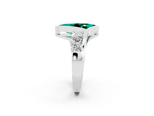 Silver Bezel Set Marquise Cut Emerald Bypass Ring with Round  Accents