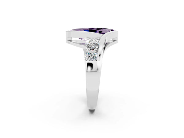 Platinum Bezel Set Marquise Cut Amethyst Bypass Ring with Round  Accents