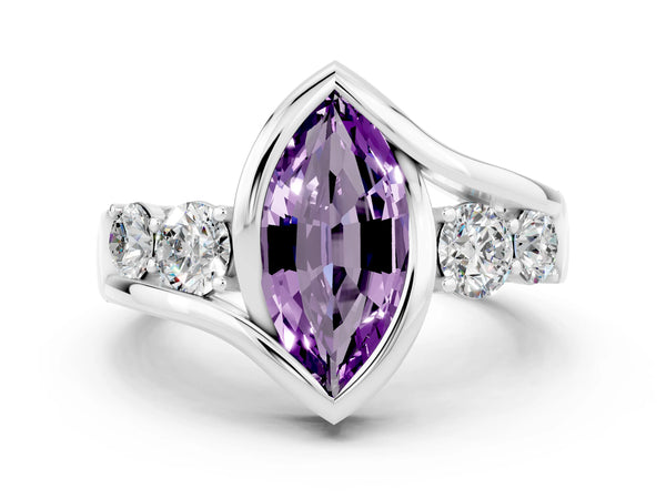 Platinum Bezel Set Marquise Cut Amethyst Bypass Ring with Round  Accents