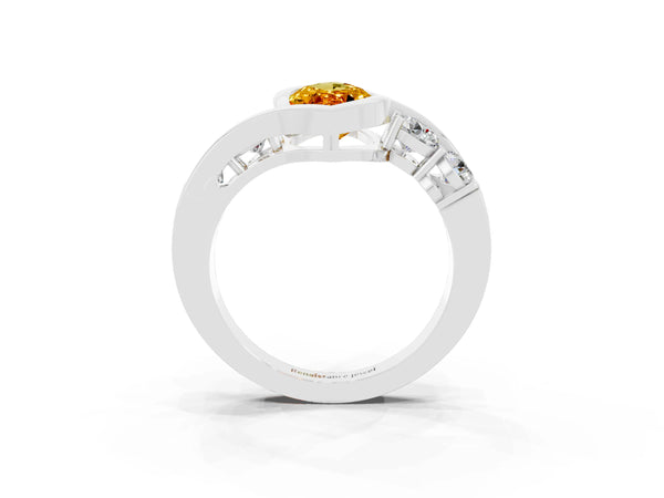Silver Bezel Set Marquise Cut Citrine Bypass Ring with Round  Accents