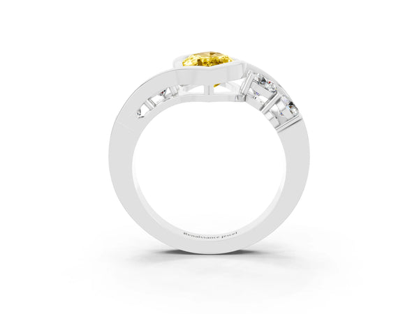 Silver Bezel Set Marquise Cut Yellow Sapphire Bypass Ring with Round  Accents