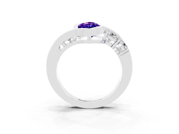 White gold Bezel Set Marquise Cut Tanzanite Bypass Ring with Round  Accents