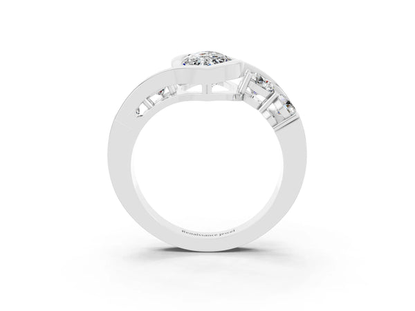 Silver Bezel Set Marquise Cut Moissanite Bypass Ring with Round  Accents