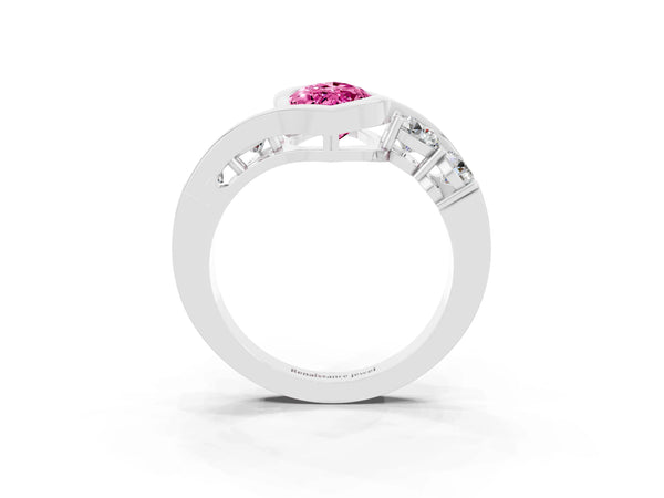 Platinum Marquise Lab-Grown Pink Sapphire Bezel Bypass Engagement Ring with Side Stones