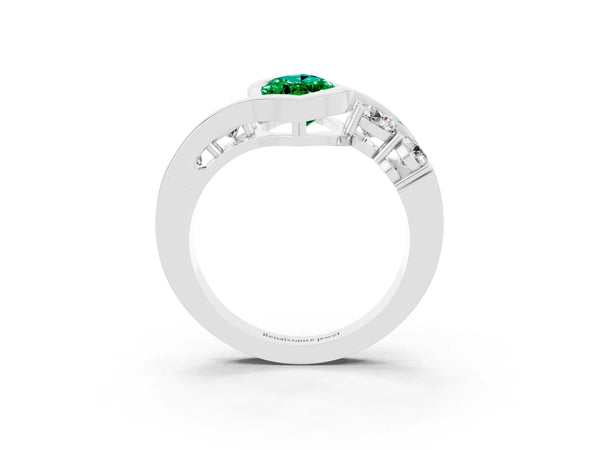 White gold Bezel Set Marquise Cut Emerald Bypass Ring with Round  Accents