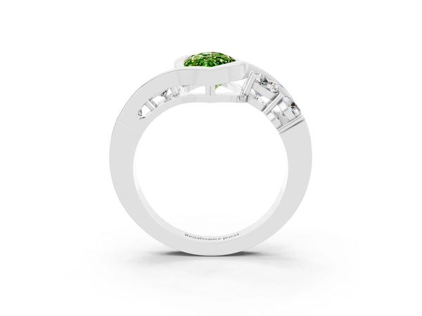 Silver Bezel Set Marquise Cut Peridot Bypass Ring with Round  Accents