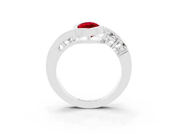 Platinum Bezel Set Marquise Cut Ruby Bypass Ring with Round  Accents