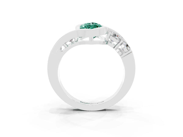 Silver Bezel Set Marquise Cut Green Sapphire Bypass Ring with Round  Accents