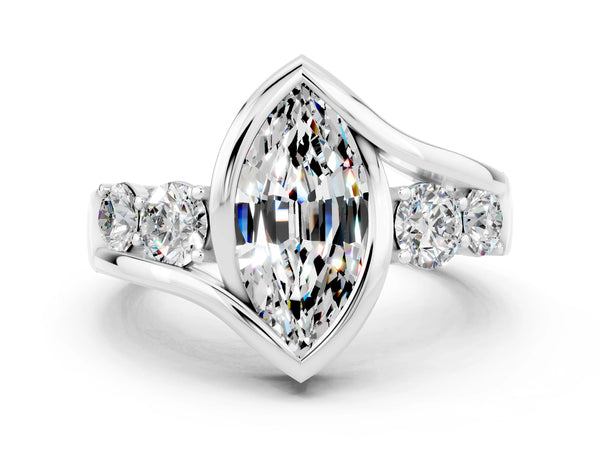 Silver Bezel Set Marquise Cut Moissanite Bypass Ring with Round  Accents