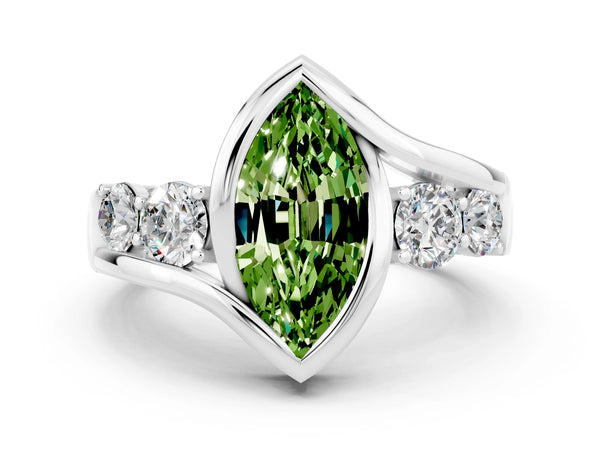 Silver Bezel Set Marquise Cut Peridot Bypass Ring with Round  Accents