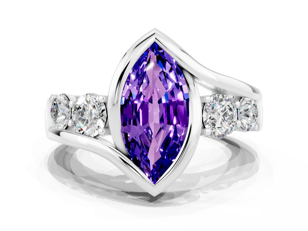 Platinum Bezel Set Marquise Cut Tanzanite Bypass Ring with Round  Accents