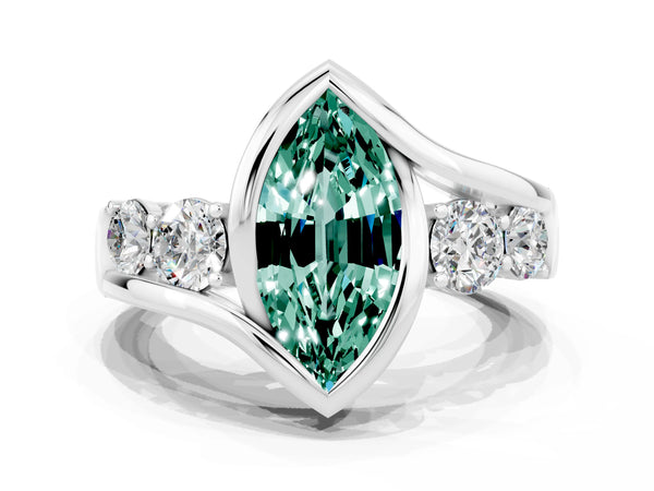 Silver Bezel Set Marquise Cut Green Sapphire Bypass Ring with Round  Accents
