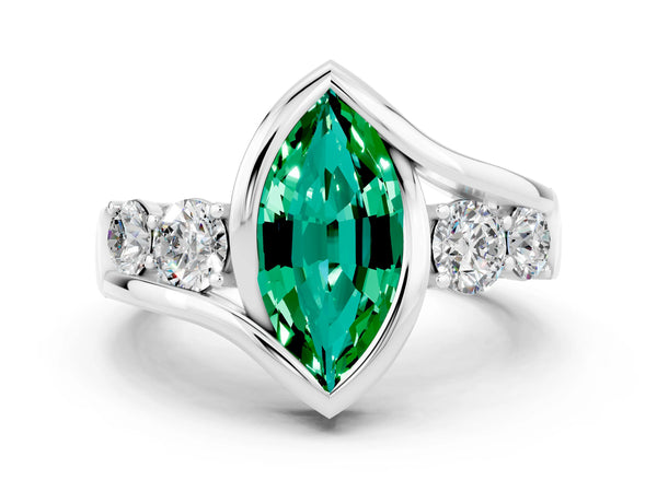 Silver Bezel Set Marquise Cut Emerald Bypass Ring with Round  Accents