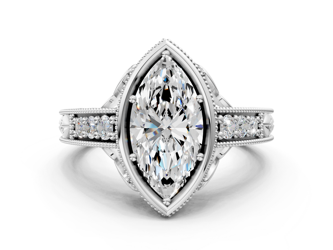 White gold Bezel Set Marquise Diamond Milgrain Pave Engagement Ring_43