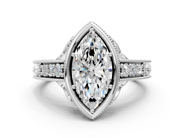 Sterling Silver Marquise Vintage Bezel Solitaire Engagement Ring Setting with Milgrain Pave Band