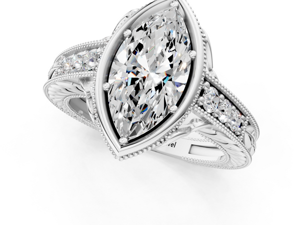 Sterling Silver Marquise Vintage Bezel Solitaire Engagement Ring Setting with Milgrain Pave Band