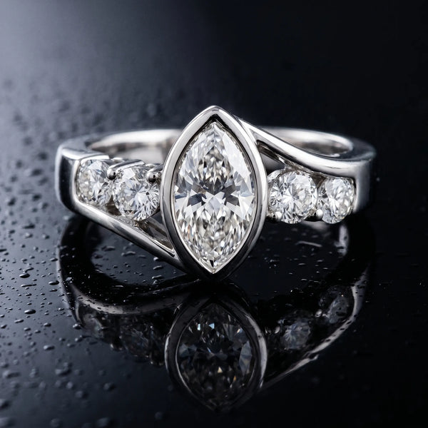 Platinum Marquise Bezel Bypass Engagement Ring Setting with Round Side Accents