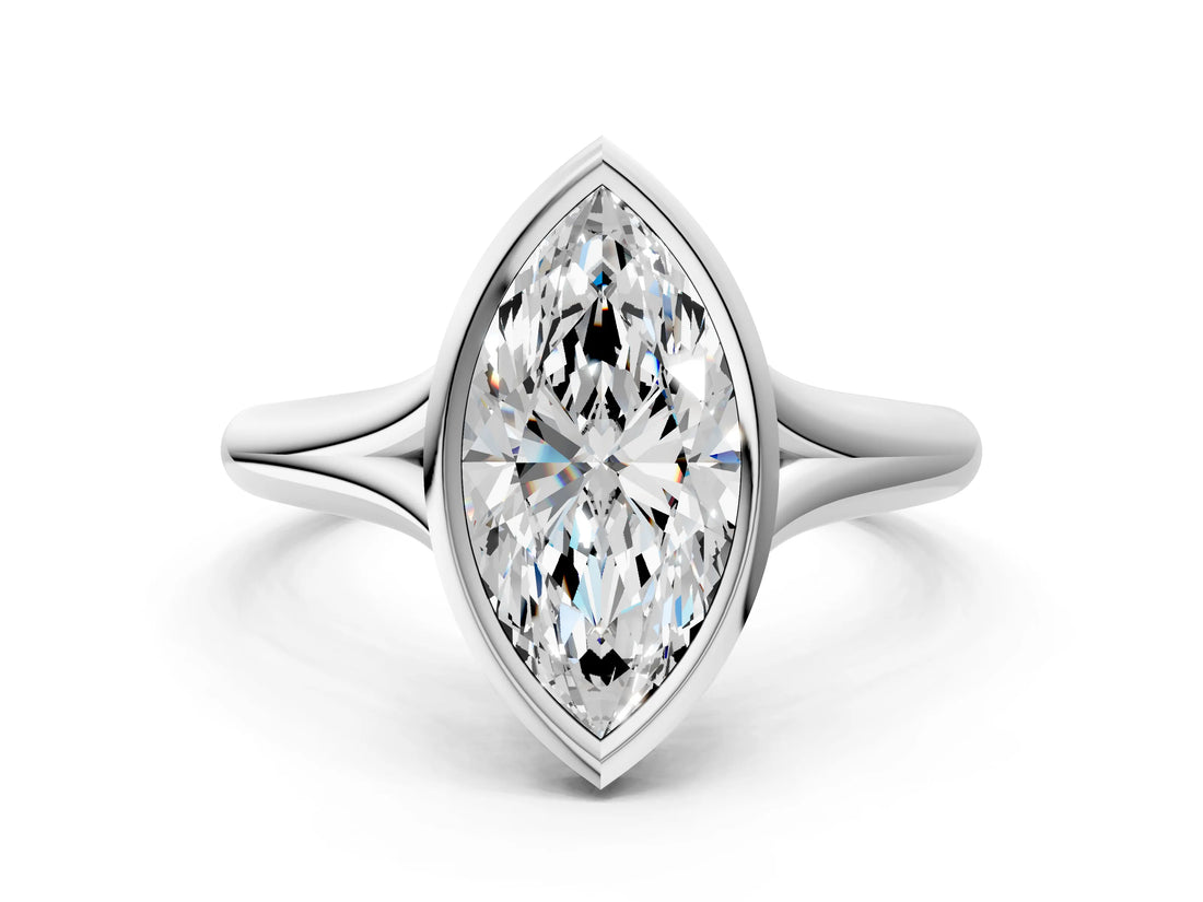 White gold Bezel Set Marquise Solitaire Diamond Ring with Smooth Band 1
