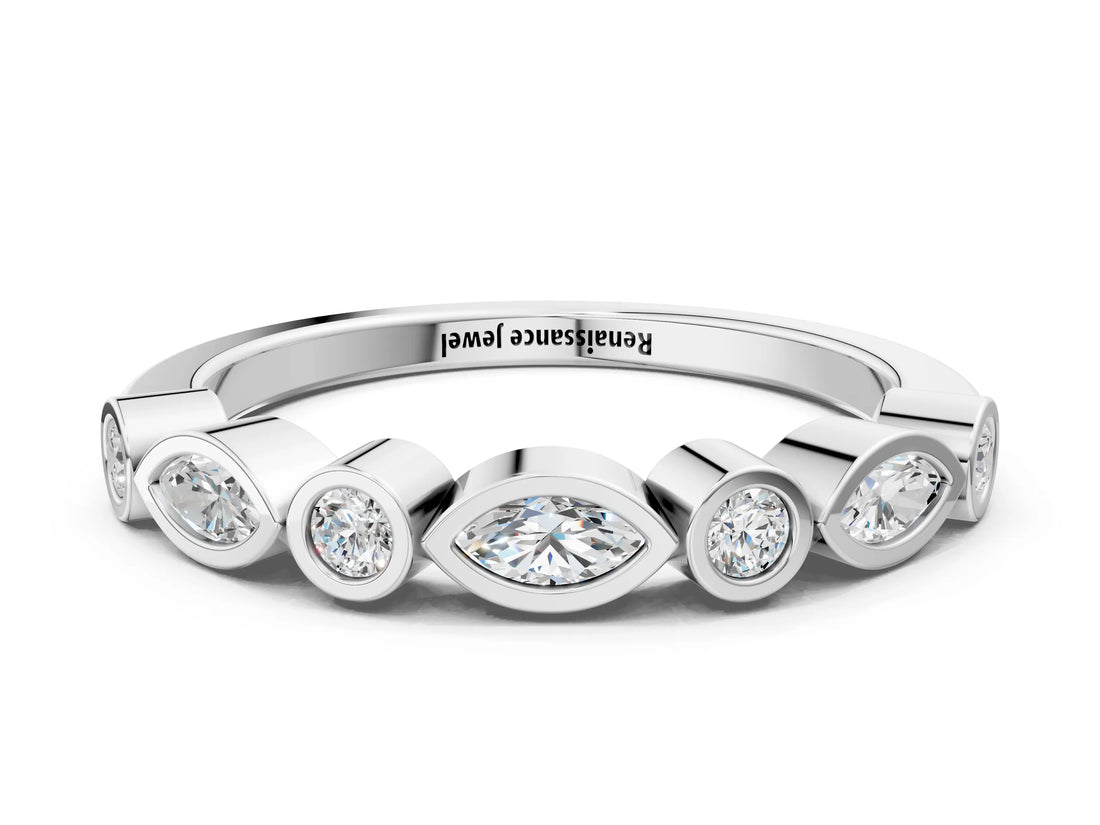White gold Bezel Set Marquise and Round Diamond Stackable Band_21