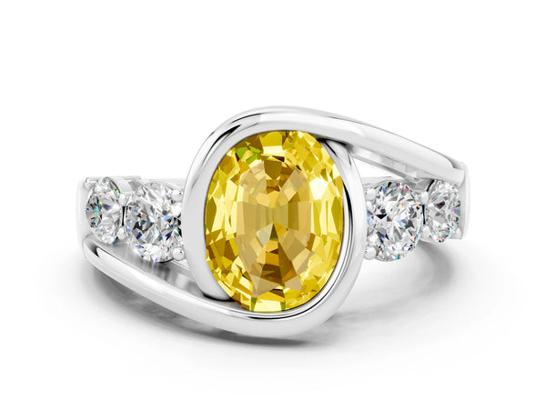 White gold Bezel Set Oval Cut Yellow Sapphire Bypass Ring with Round  Accents