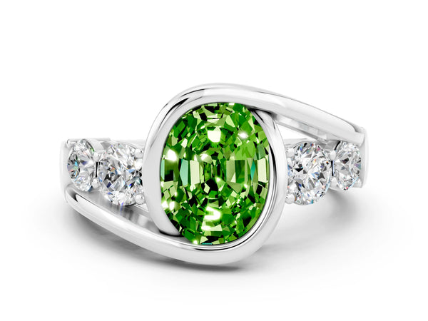 Platinum Bezel Set Oval Cut Peridot Bypass Ring with Round  Accents