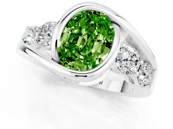 Platinum Bezel Set Oval Cut Peridot Bypass Ring with Round  Accents