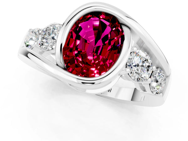 Platinum Bezel Set Oval Cut Garnet Bypass Ring with Round  Accents