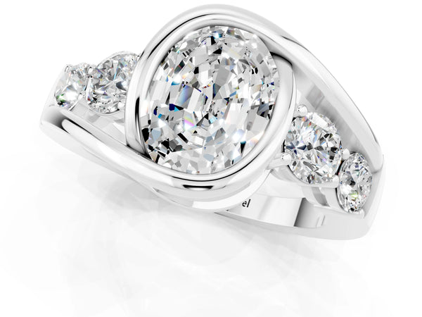 Silver Bezel Set Oval Cut Moissanite Bypass Ring with Round  Accents