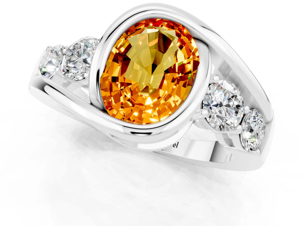 Silver Bezel Set Oval Cut Citrine Bypass Ring with Round  Accents