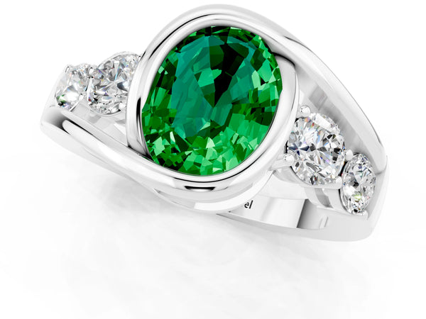 Silver Bezel Set Oval Cut Emerald Bypass Ring with Round  Accents